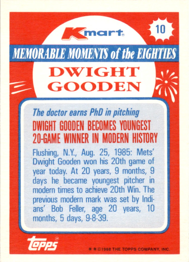 1988 Topps Kmart Memorable Moments #10 Dwight Gooden New York Mets