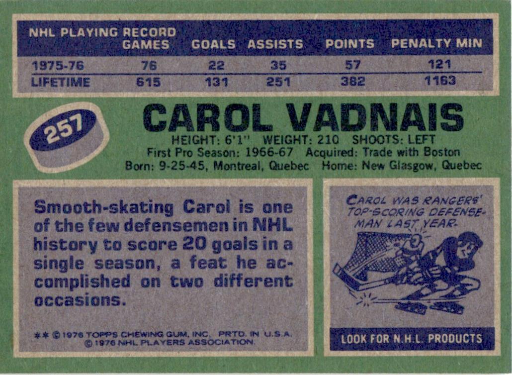 1976 Topps #257 Carol Vadnais New York Rangers EX-MT