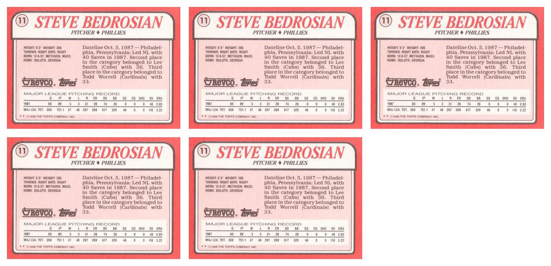 (5) 1988 Topps Revco League Leaders Baseball #11 Steve Bedrosian Lot Phillies