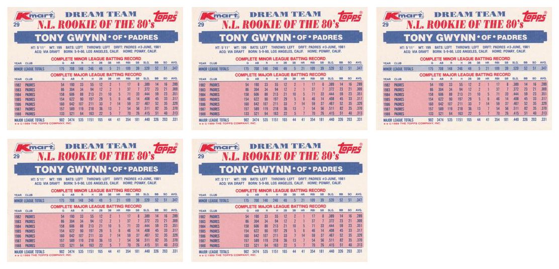 (5) 1989 Topps K-Mart Dream Team Baseball #29 Tony Gwynn Lot Padres