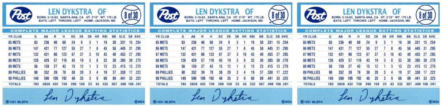 (3) 1991 Post Cereal Baseball #8 Lenny Dykstra Phillies Baseball Card Lot