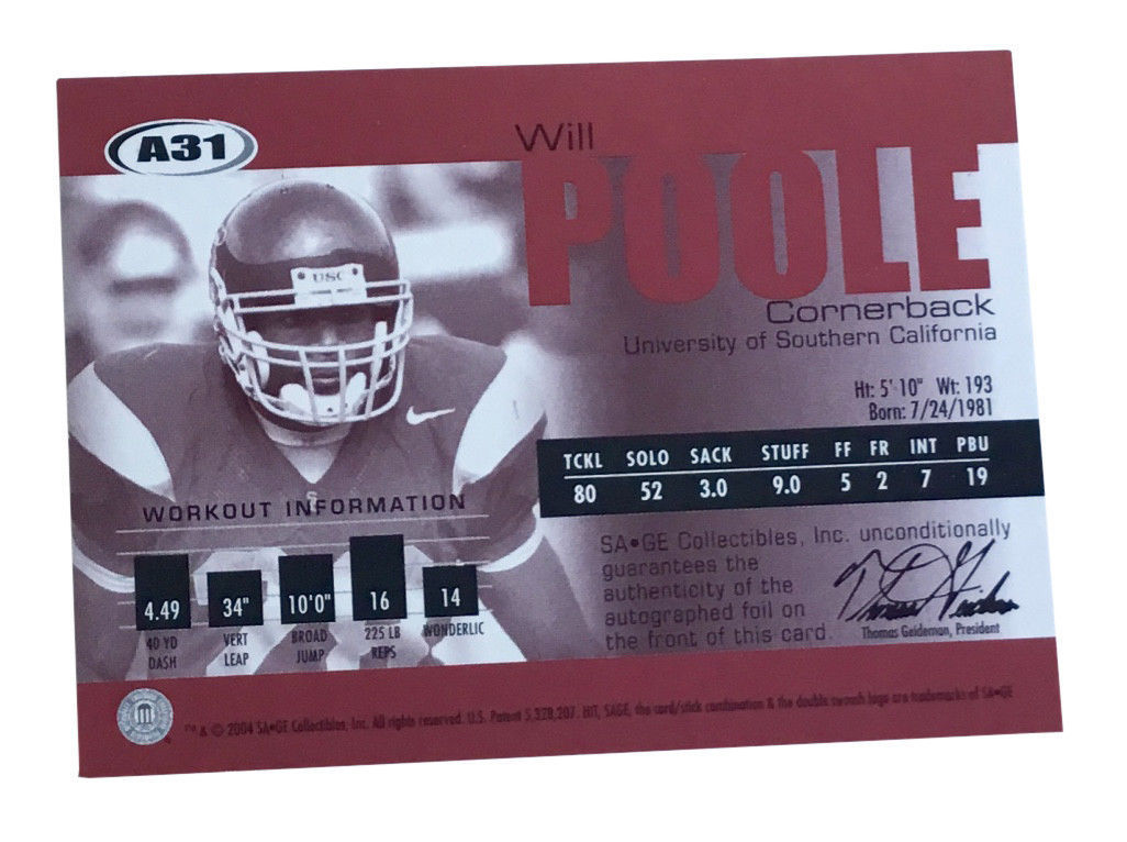 2004 SAGE - Autographs Red #A31 Will Poole /420 USC