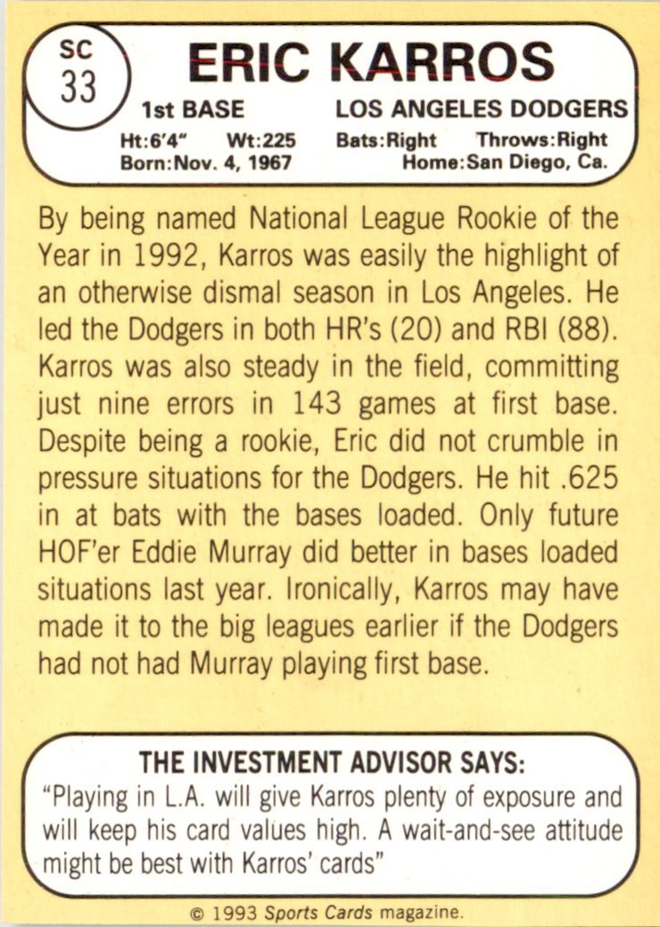 1993 Baseball Card Magazine '68 Topps Replicas #SC33 Eric Karros Dodgers