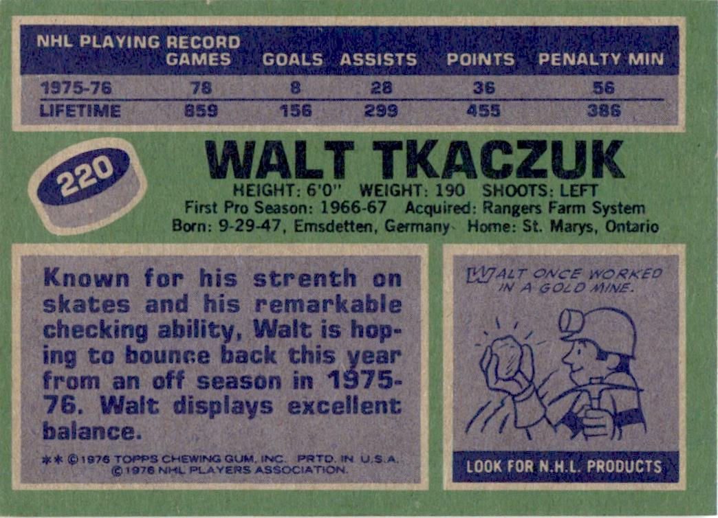 1976 Topps #220 Walt Tkaczuk New York Rangers EX