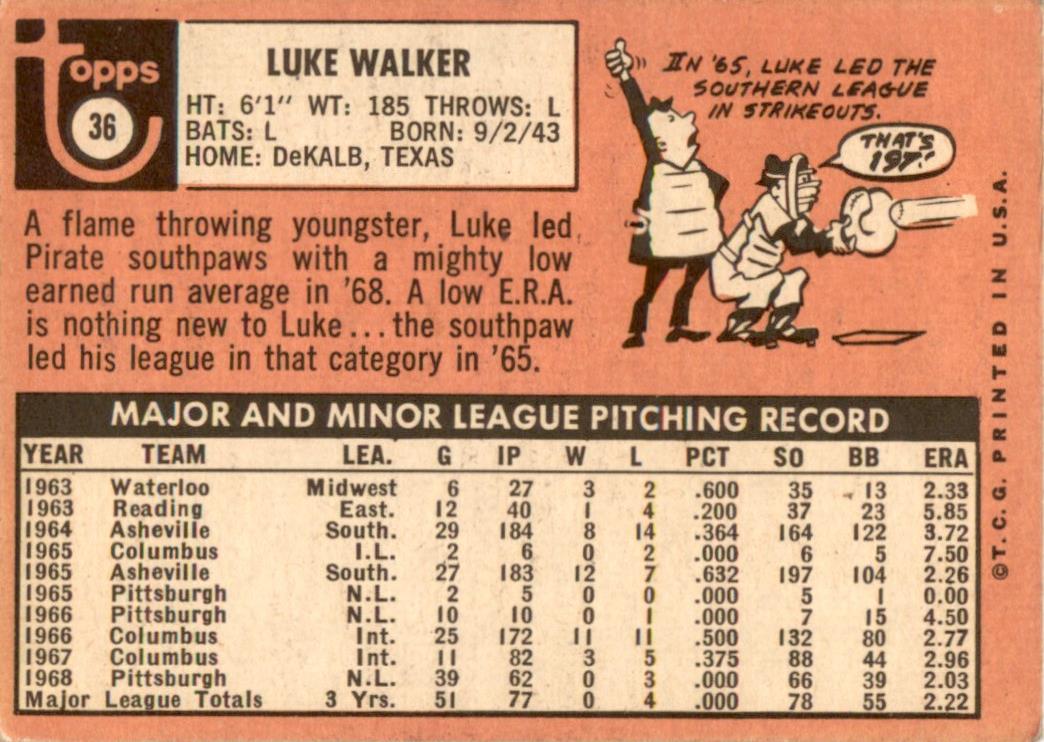 1969 Topps #36 Luke Walker Pittsburgh Pirates VG