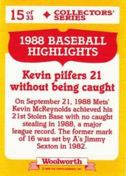 1989 Topps Woolworth Baseball Highlights Baseball 15 Kevin McReynolds