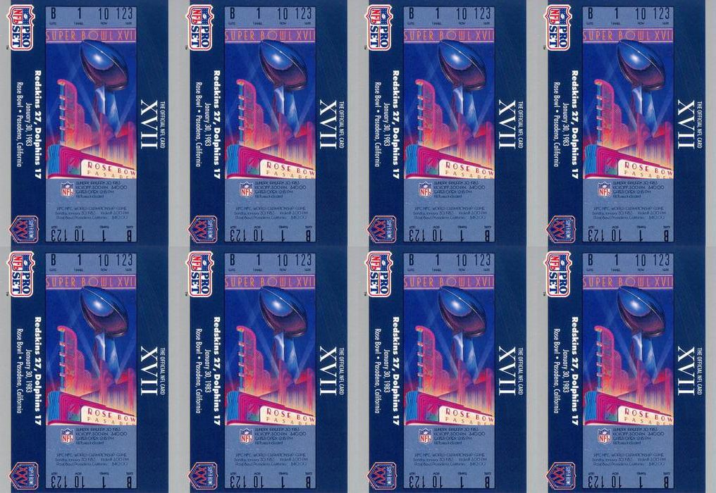 (8) 1990-91 Pro Set Super Bowl 160 Football #17 Super Bowl XVII Ticket Card Lot