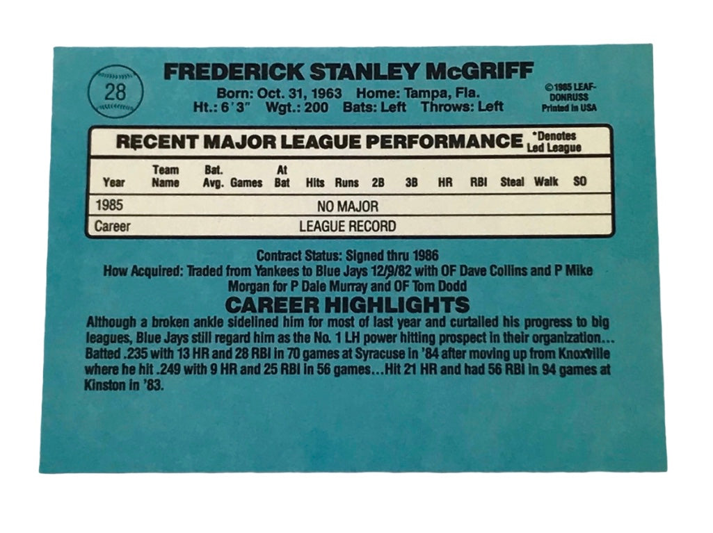 1986 Donruss #28 Fred McGriff RC Toronto Blue Jays