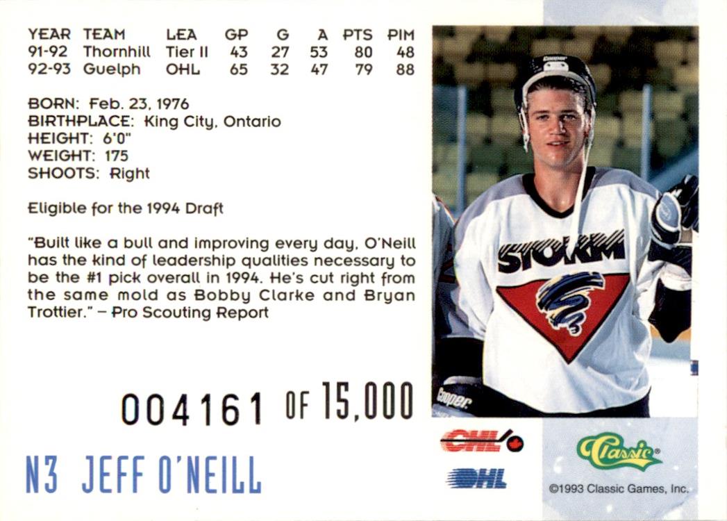 1993 Classic Crash Numbered #N3 Jeff O'Neill Guelph Storm /15000