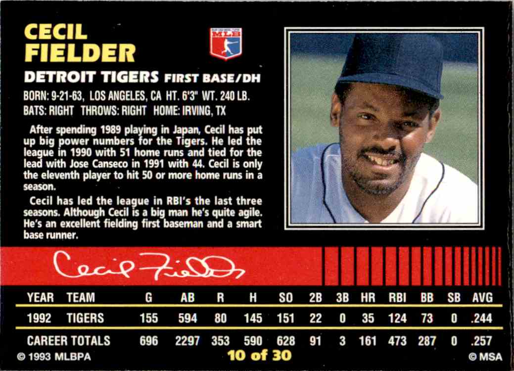 1993 Post Cereal Baseball #10 Cecil Fielder Detroit Tigers