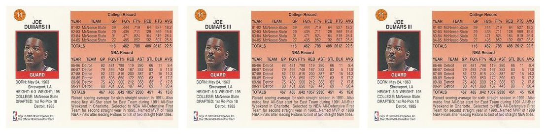 (3) 1991-92 Hoops McDonald's Basketball #11 Joe Dumars Lot Detroit Pistons