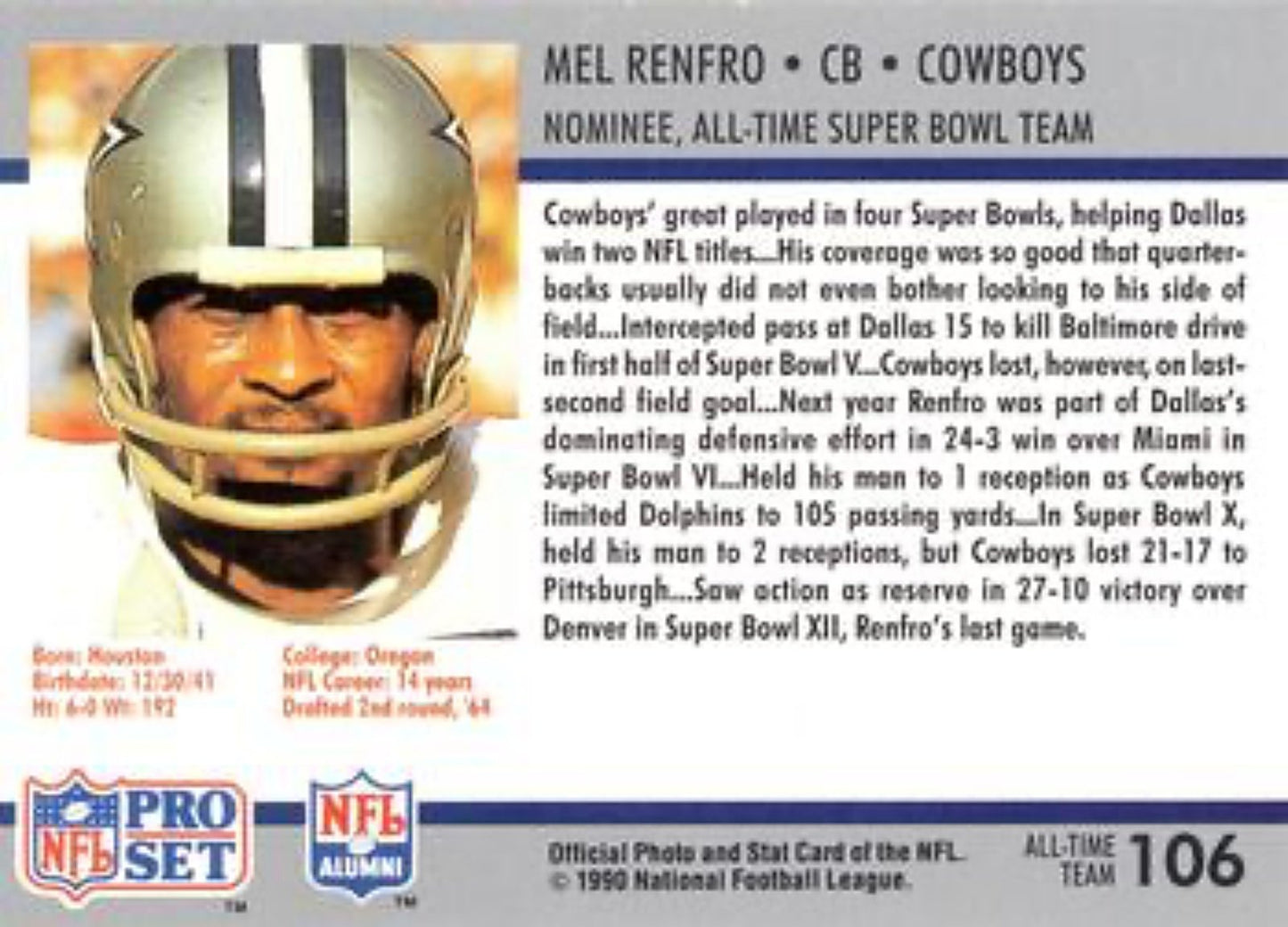 1990-91 Pro Set Super Bowl 160 Football 106 Mel Renfro