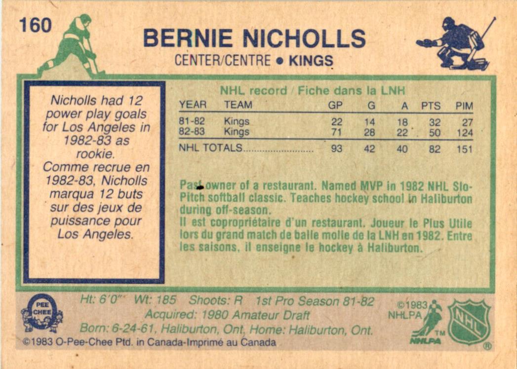 1983 O-Pee-Chee #160 Bernie Nicholls RC Los Angeles Kings EX