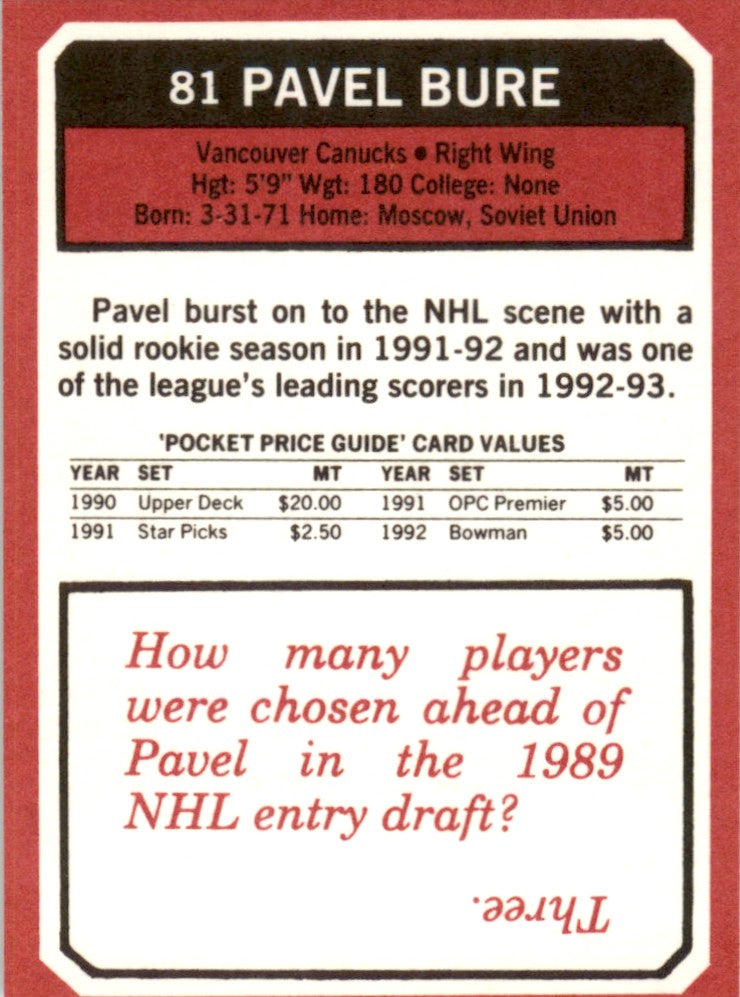 1993 SCD #81 Pavel Bure Vancouver Canucks
