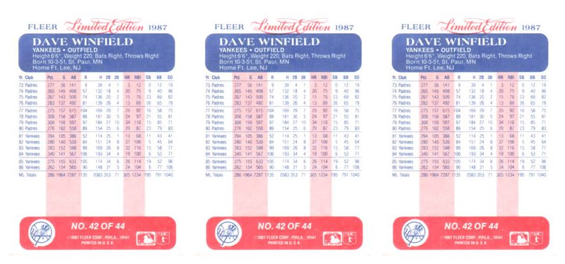 (3) 1987 Fleer Limited Edition Baseball #42 Dave Winfield Lot New York Yankees