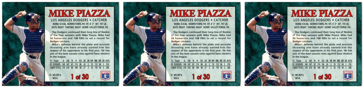 (3) 1994 Post Cereal Baseball #1 Mike Piazza Dodgers Baseball Card Lot