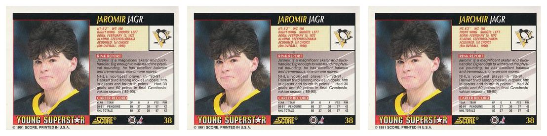 (3) 1991-92 Score Young Superstars Hockey #38 Jaromir Jagr Card Lot Penguins