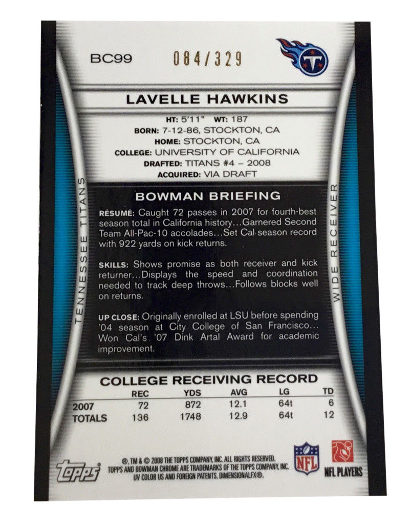 2008 Bowman Chrome - Rookies Bronze #BC99 Lavelle Hawkins Tennessee Titans /329