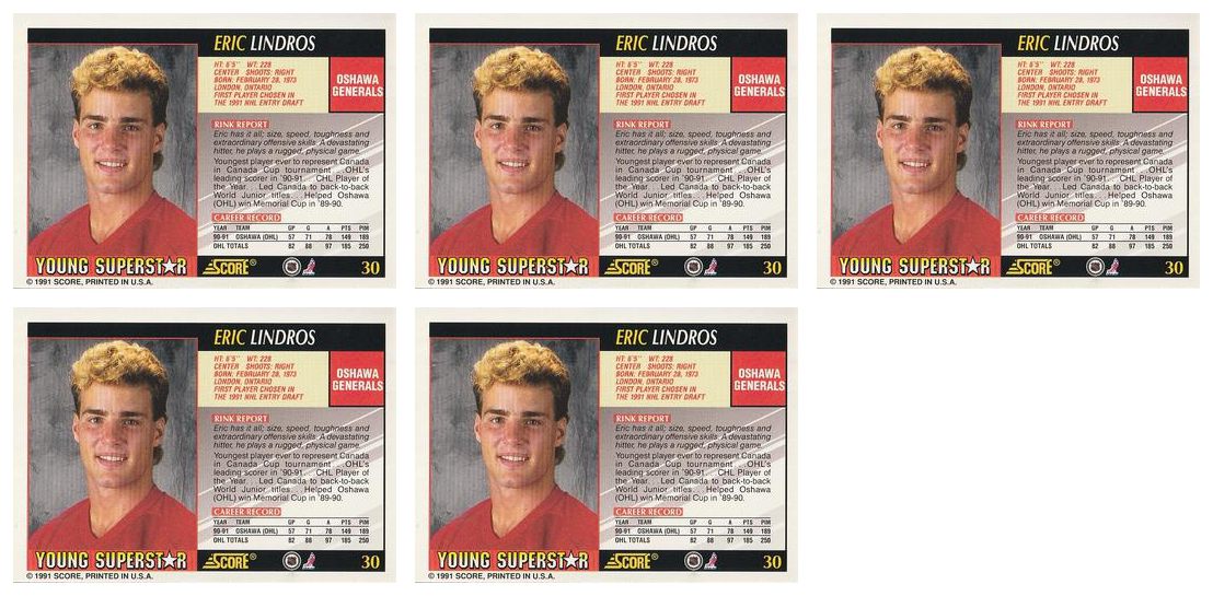 (5) 1991-92 Score Young Superstars Hockey #30 Eric Lindros Card Lot Generals