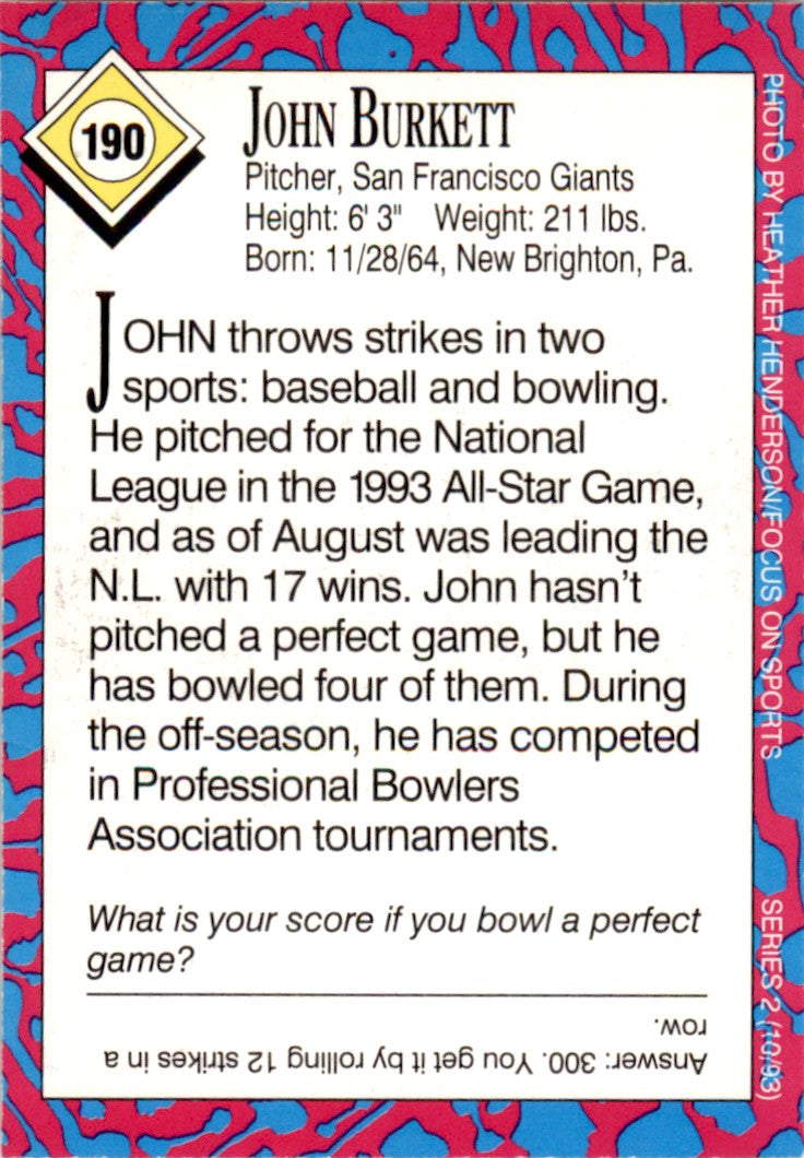 1991 Sports Illustrated for Kids #190 John Burkett San Francisco Giants
