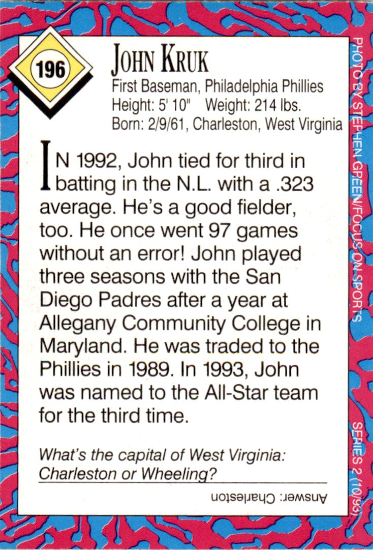 1991 Sports Illustrated for Kids #196 John Kruk Philadelphia Phillies
