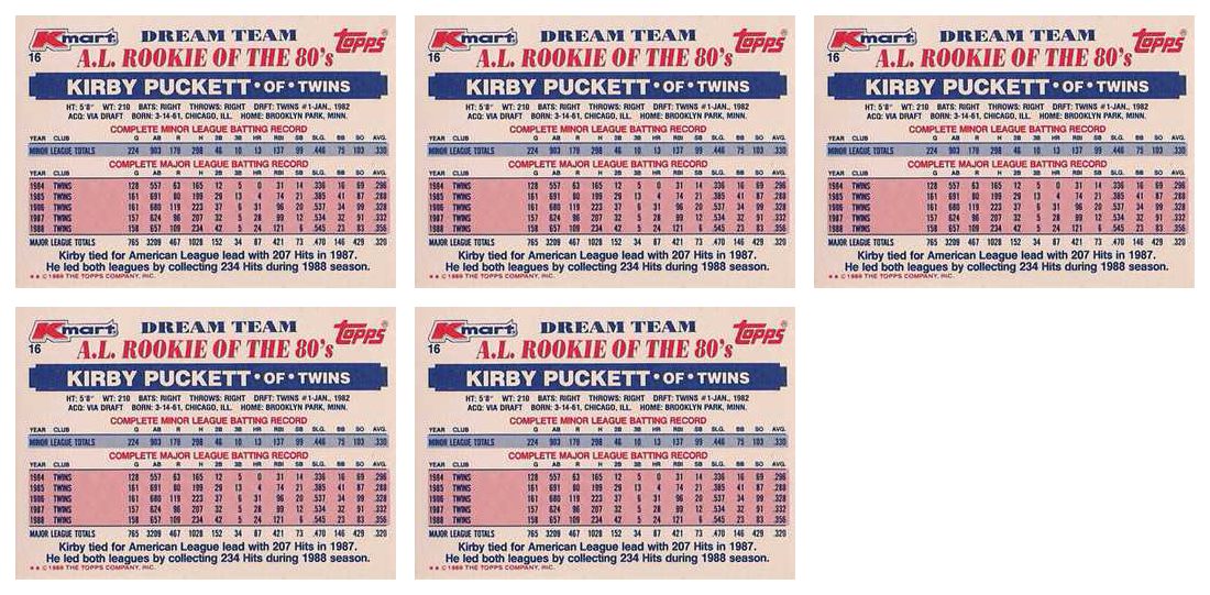 (5) 1989 Topps K-Mart Dream Team Baseball #16 Kirby Puckett Lot Twins
