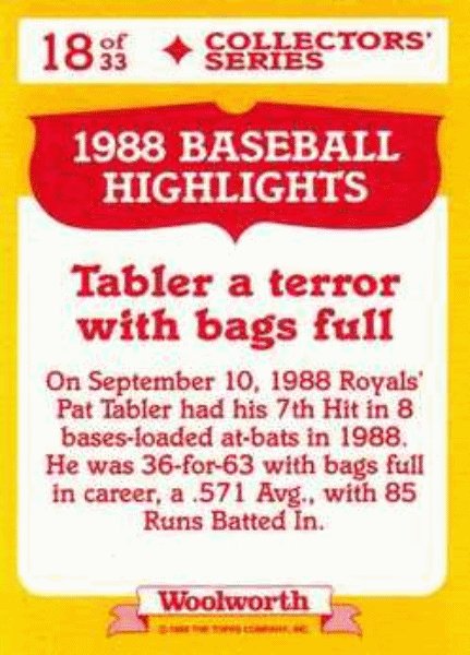 1989 Topps Woolworth Baseball Highlights Baseball 18 Pat Tabler