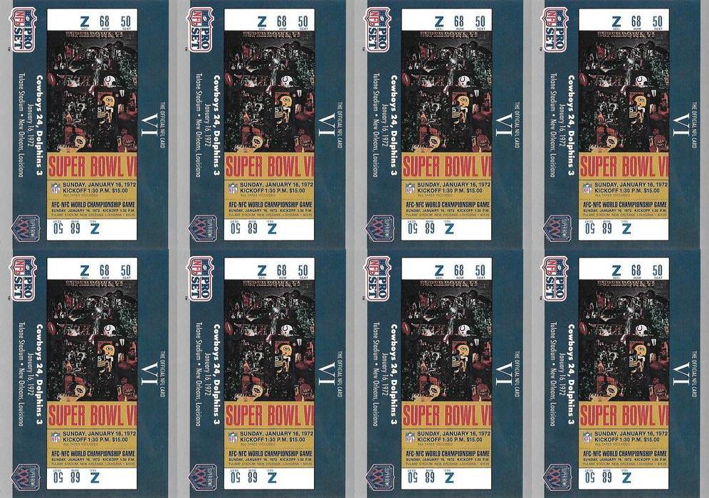 (8) 1990-91 Pro Set Super Bowl 160 Football #6 Super Bowl VI Ticket Card Lot