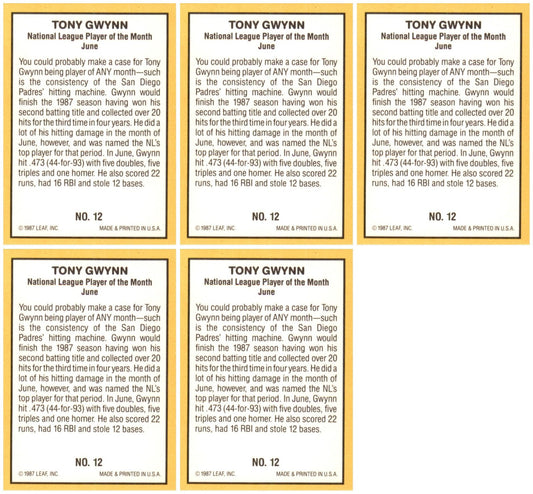 (5) 1987 Donruss Highlights #12 Tony Gwynn San Diego Padres Card Lot