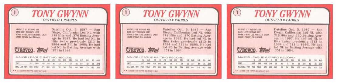 (3) 1988 Topps Revco League Leaders Baseball #1 Tony Gwynn Lot Padres