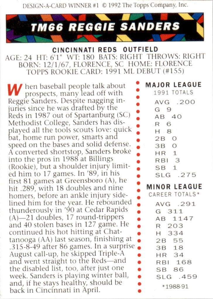 1992 Topps Magazine # TM66 Reggie Sanders Cincinnati Reds