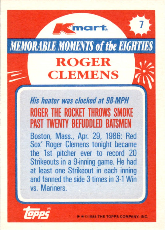 1988 Topps Kmart Memorable Moments #7 Roger Clemens Boston Red Sox