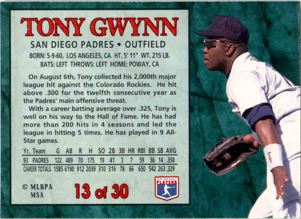 1994 Post Cereal Baseball #13 Tony Gwynn San Diego Padres