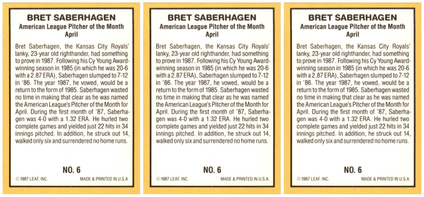 (3) 1987 Donruss Highlights #6 Bret Saberhagen Kansas City Royals Card Lot