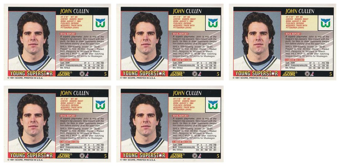 (5) 1991-92 Score Young Superstars Hockey #5 John Cullen Card Lot Whalers