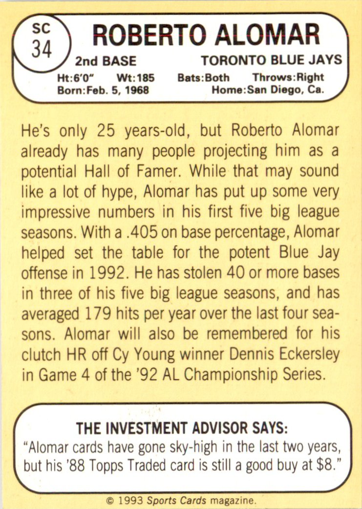 1993 Baseball Card Magazine '68 Topps Replicas #SC34 Roberto Alomar Blue Jays