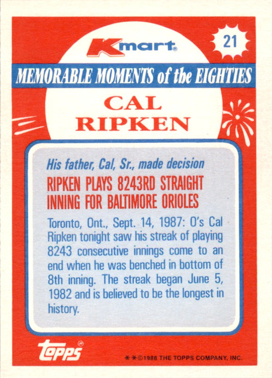 1988 Topps Kmart Memorable Moments #21 Cal Ripken Baltimore Orioles