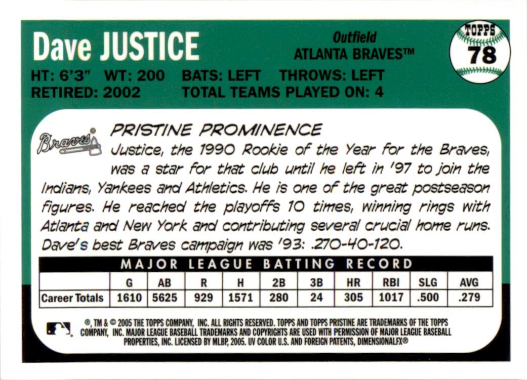 2005 Topps Pristine Legends #78 David Justice Atlanta Braves