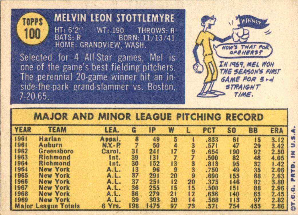 1970 Topps #100 Mel Stottlemyre New York Yankees VG