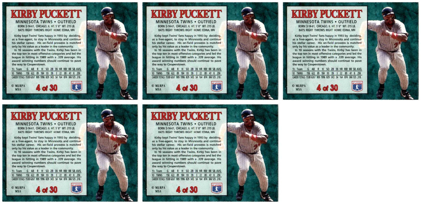 (5) 1994 Post Cereal Baseball #4 Kirby Puckett Twins Baseball Card Lot