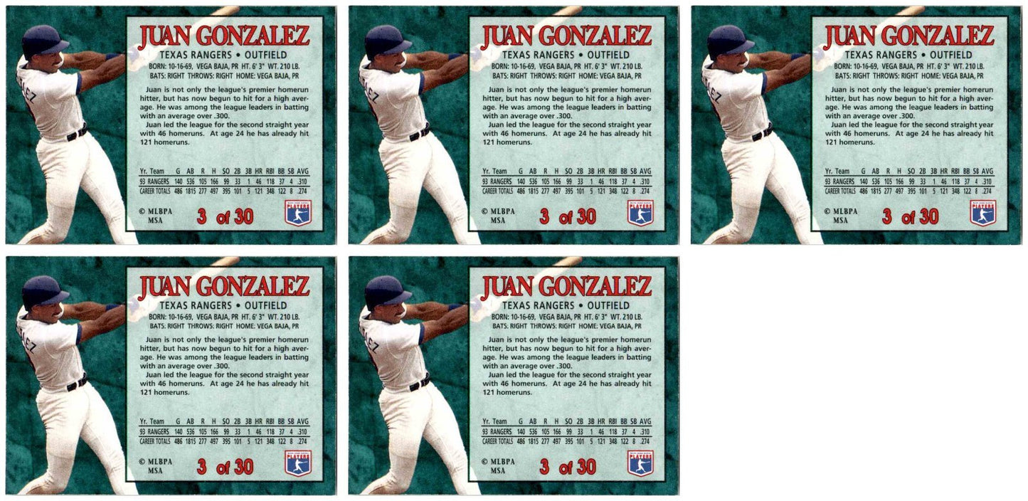 (5) 1994 Post Cereal Baseball #3 Juan Gonzalez Rangers Baseball Card Lot