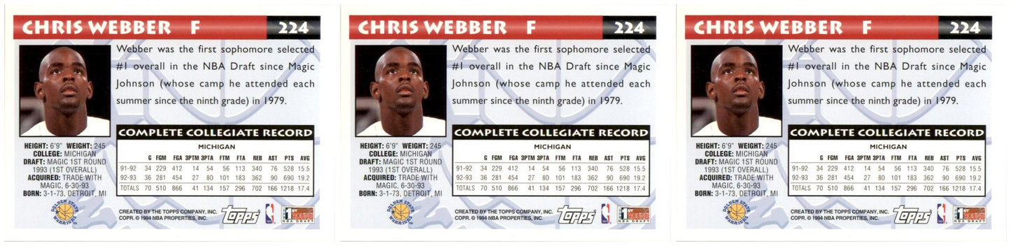 (3) 1993 Topps #224 Chris Webber RC Golden State Warriors Card Lot