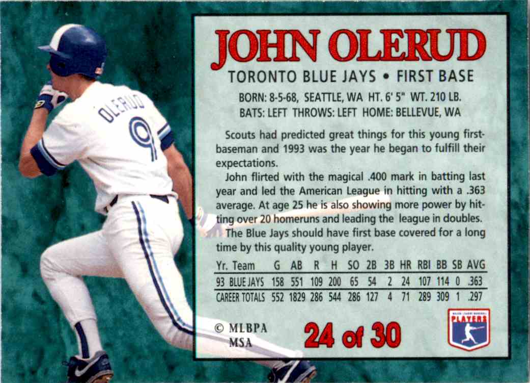 1994 Post Cereal Baseball #24 John Olerud Toronto Blue Jays
