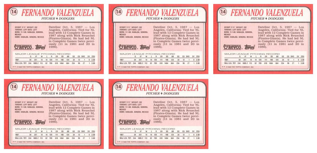 (5) 1988 Topps Revco League Leaders Baseball #14 Fernando Valenzuela Lot