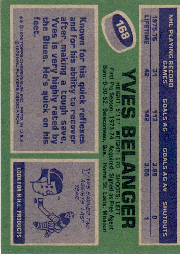 1976 Topps #168 Yves Belanger RC St. Louis Blues EX-MT