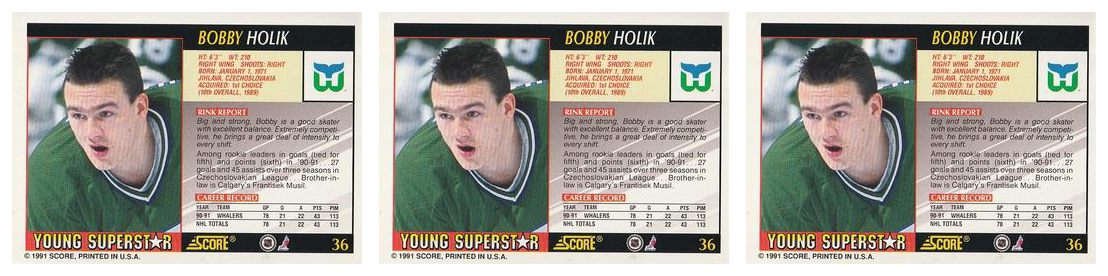 (3) 1991-92 Score Young Superstars Hockey #36 Bobby Holik Card Lot Whalers