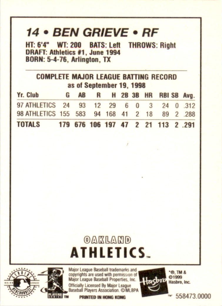 1999 Kenner Starting Lineup Card Ben Grieve Oakland Athletics