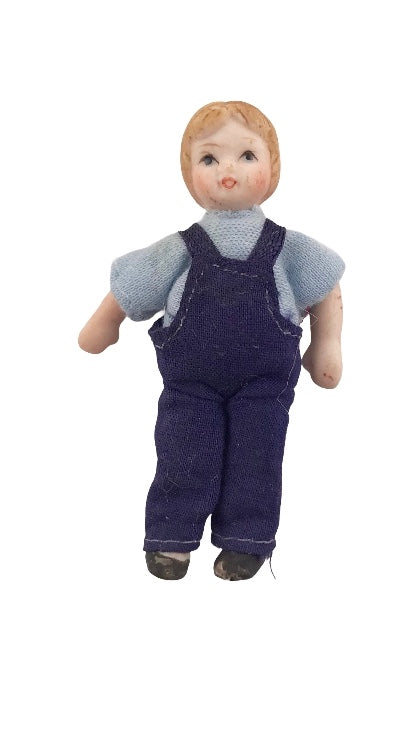 Bisque Boy Vintage 3" Doll with Blue Overalls Wire Jointed