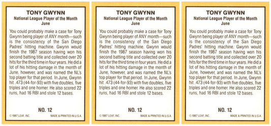 (3) 1987 Donruss Highlights #12 Tony Gwynn San Diego Padres Card Lot