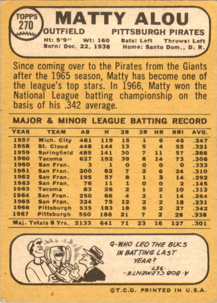 1968 Topps #270 Matty Alou Pittsburgh Pirates VG